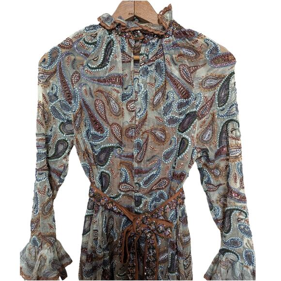 La Fuori Embroidered Sequin Paisley Silk Midi Dress Small – Ruffle Hem Rare Boho - Picture 8 of 11